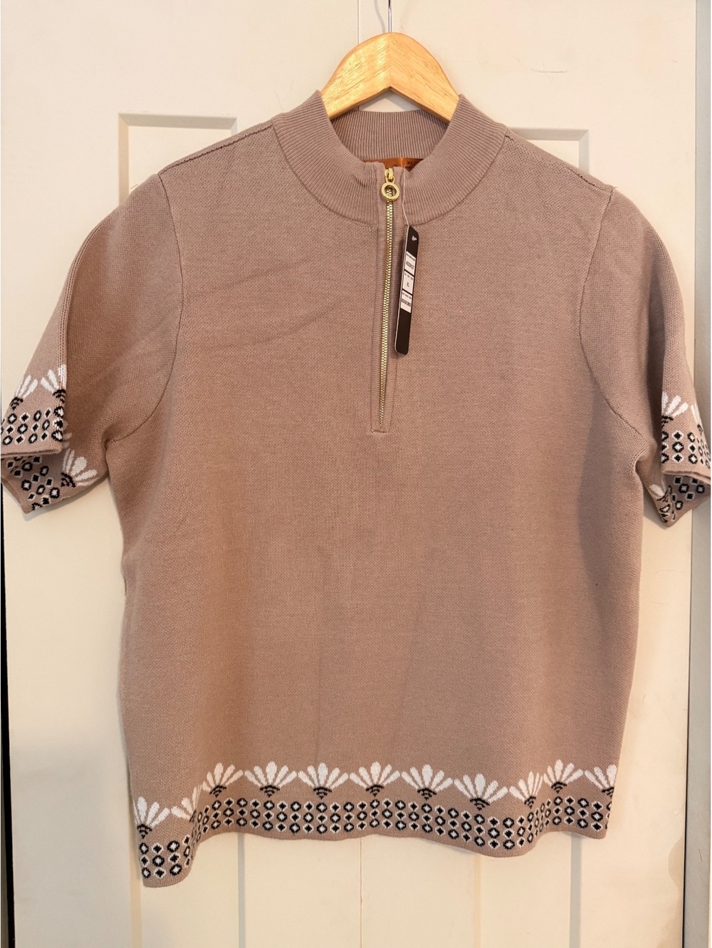Belldini taupe brown knit short sleeve half zip sweater top XL floral NWT
